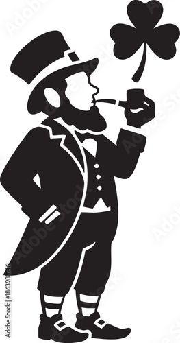 Leprechaun smoking pipe with shamrock in hand happily