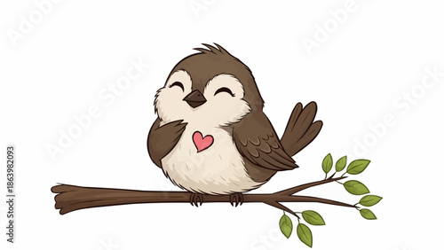 Cute cartoon bird with heart on chest sitting on a branch.