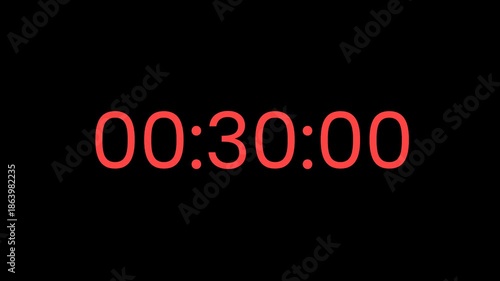 30 second countdown with red elements on black background, dramatic and energetic countdown timer for promo video, event opener, teaser, deadline concept, and dynamic motion graphic.
