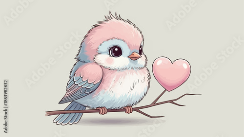 Cute cartoon bird with pink heart on a branch.
