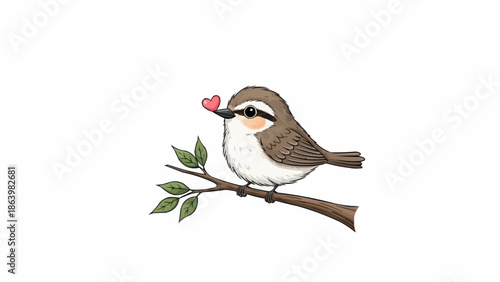 Cute bird with a heart on its beak sitting on a branch.