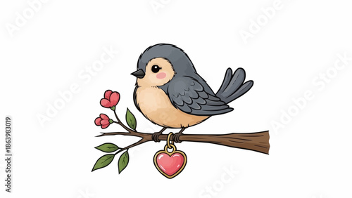 Cute cartoon bird with heart pendant on a branch.