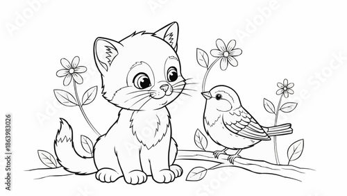 Cute cartoon kitten and bird illustration for coloring.