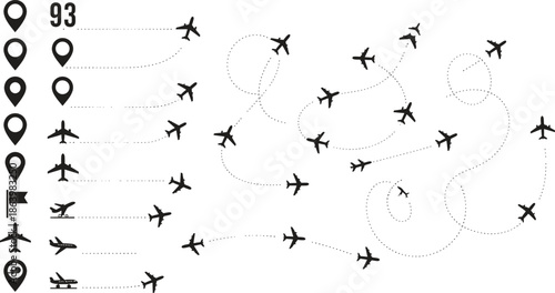 Airplane flight paths and location icons on white background