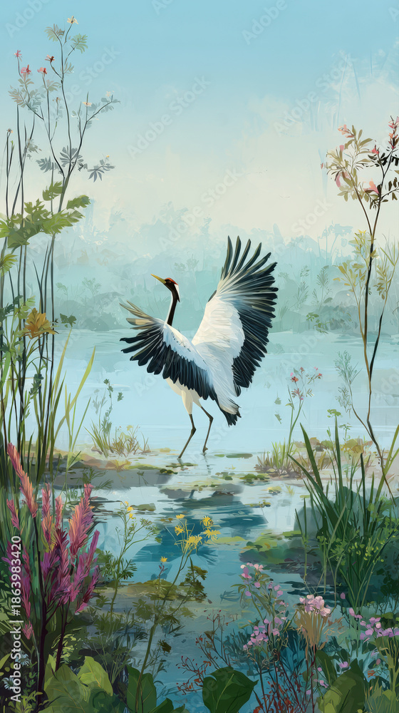 Fototapeta premium Graceful Red-Crowned Crane Dancing in a Serene Misty Wetland Pond Surrounded by Wildflowers and Lush Aquatic Greenery, Elegant Japanese Style Nature Illustration for Tranquil Interior Wall Decor