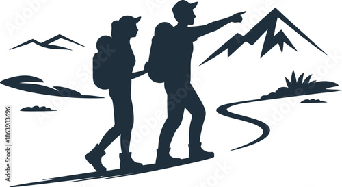 Hiking Couple Silhouette Vector Graphic Illustration with Mountains and Path, Perfect for Outdoor Adventure Designs