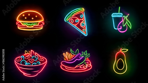 Vibrant neon food icons set for menu or advertising design