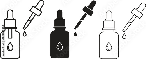 Black and white dropper bottles with liquid droppers