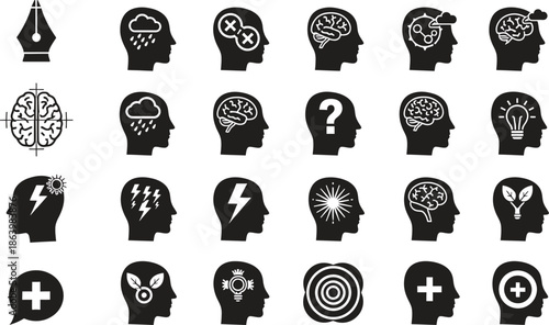 black and white icons of human heads with thoughts and emotions