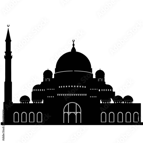 Silhouette of a mosque with domes and minaret against a white background.