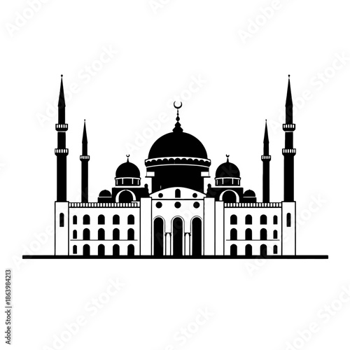 Islamic mosque building with domes and minarets silhouette.