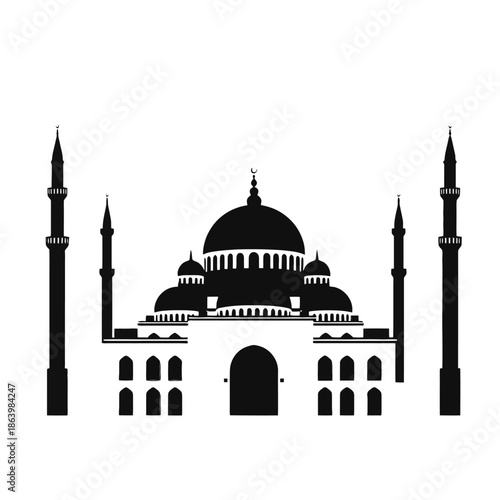 Islamic Mosque Silhouette with Domes and Minarets Vector Illustration.