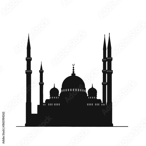 Islamic Mosque Silhouette with Minarets and Dome.