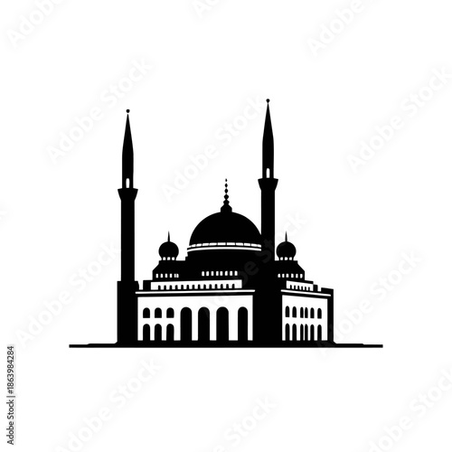 Islamic Mosque Silhouette with Minarets and Dome.