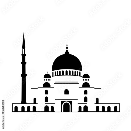 Simple black and white illustration of a mosque with a minaret and large dome.