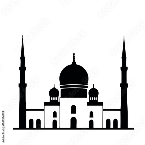 Islamic Mosque Silhouette with Dome and Minarets.
