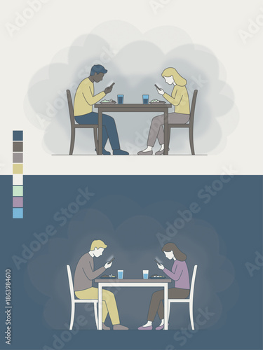 Couple Ignoring Each Other at Dinner - Phubbing, Phone Addiction and Relationship Disconnection Concept