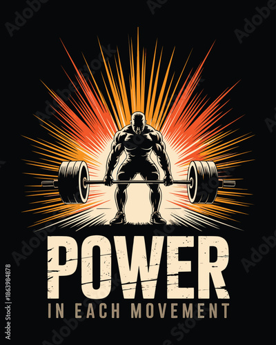 Title: Motivational bodybuilder lifting heavy barbell with power radiance background
