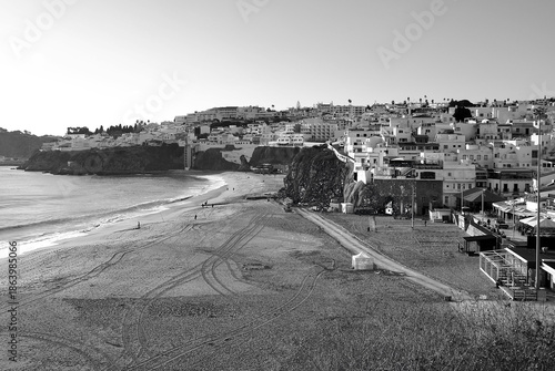 cityscape of Albufeira in Portugal in winter in black and white