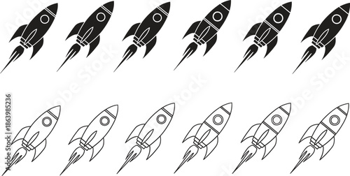 black and white rocket ship icons in different styles
