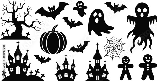 Set of Halloween silhouettes vector illustration isolated on white background showing ghosts bats pumpkins haunted houses spooky holiday collection