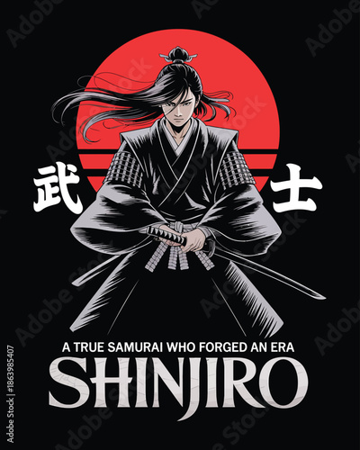 Traditional Japanese samurai warrior Shinjiro with katana and red sun