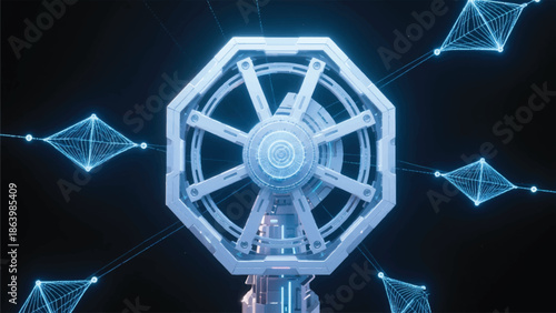Illustration Of A Large Spinning Wheel-Shaped Machine, Drawing Data Lines From The Air Vector Design Template