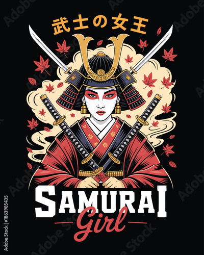 Female samurai warrior girl with katanas and autumn maple leaves