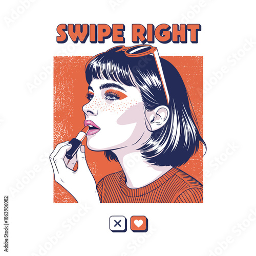Pop art woman applying lipstick swipe right dating app style vector illustration