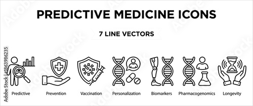 Professional set of seven predictive medicine line icons including vaccination, prevention, and biomarkers, designed as scalable vector graphics for healthcare technology, genetic research, pharmaceut