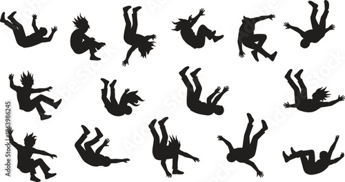 black silhouettes of people falling down in various positions on white background
