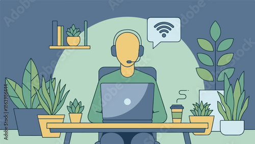 Person working remotely with a headset and laptop, surrounded by plants