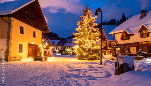 Snowy village square at dusk, central illuminated Christmas tree, buildings, warm light