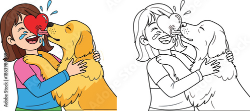 Joyful Girl Receiving a Loving Kiss from Her Golden Retriever Dog Cute Pet Affection Illustration