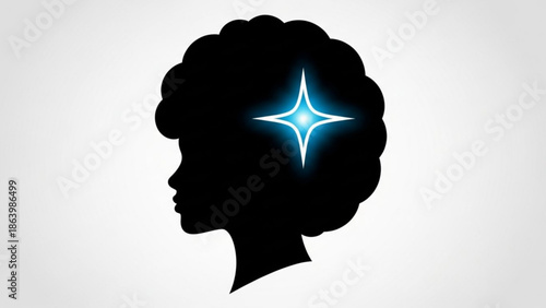 Silhouette of Person with Glowing Blue Star in Hair against White Background