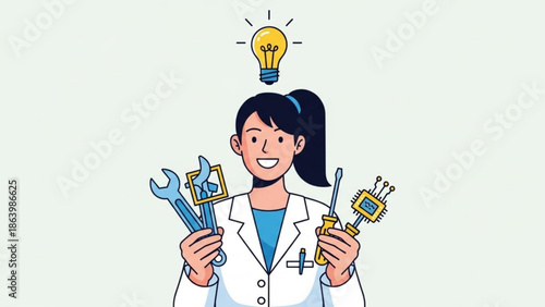 Female Engineer Holding Wrench and Screwdriver with Lightbulb Idea, Isolated on White Background, Cartoon Style