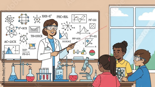 Female Scientist Teaching Diverse Students Chemistry in Laboratory Classroom