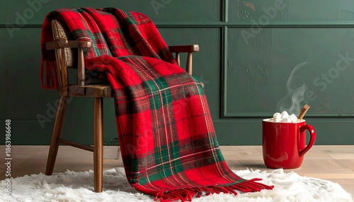 Cozy scene with tartan blanket on wooden chair, next to hot chocolate