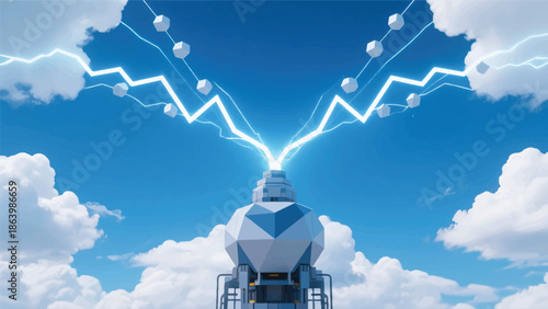Illustration Of A Large Geometric Machine In The Sky Shooting Data Lines Into Polygon-Shaped Clouds With Lightning Strikes Vector Design Template
