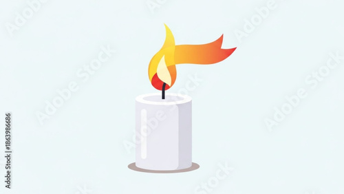 White Candle Burning with Orange Flame Isolated on White Background