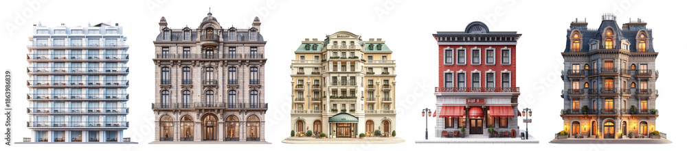 Obraz premium Stylish Architectural Designs of Various Boutique Buildings and Hotels, PNG bundle collection, Isolated on Transparent Background