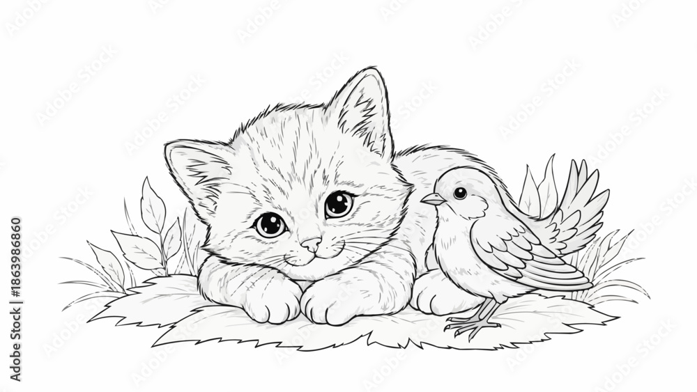 Fototapeta premium Cute kitten and small bird illustration for coloring.