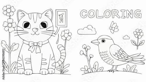 Cute cartoon cat and bird coloring page for children.