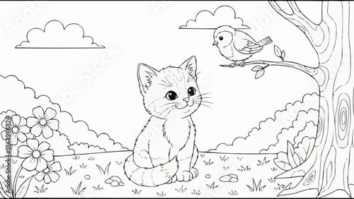Cute kitten sitting outdoors with a bird on a tree branch.