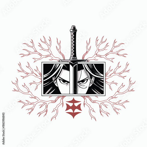 Intense anime eyes reflection in katana blade with floral frame vector