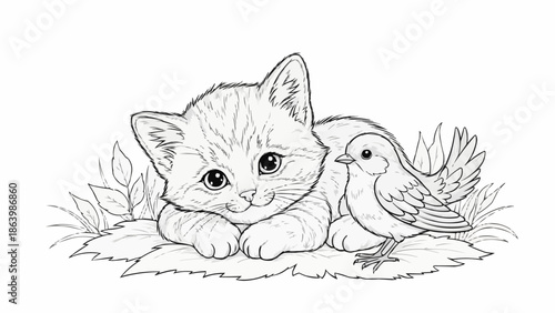 Cute kitten and small bird illustration for coloring.