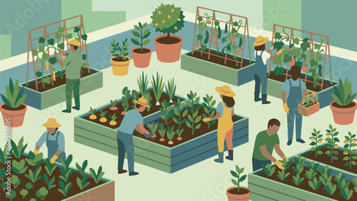 Diverse group of people cultivating a vibrant rooftop urban garden