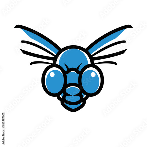 Blue Mosquito Head Cartoon Illustration.