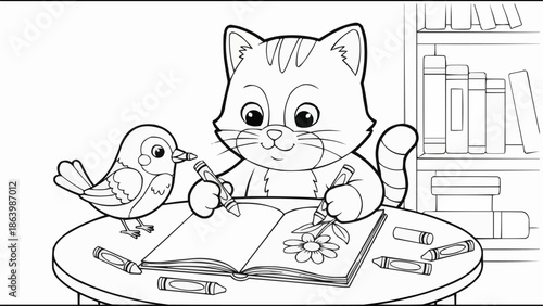 Cute cartoon cat and bird drawing together with crayons.