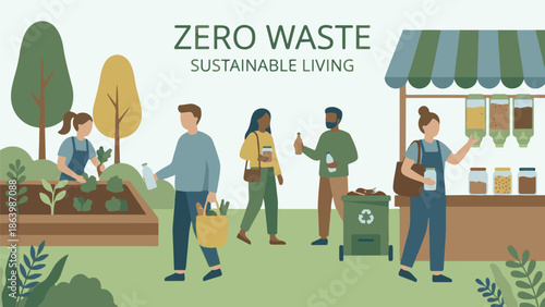 Zero Waste Sustainable Living Lifestyle Illustration with People